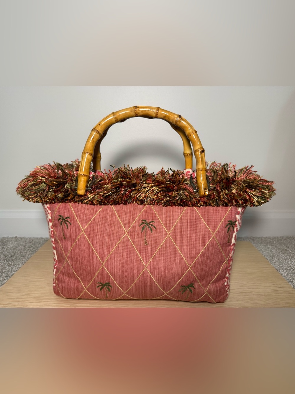 Pink Palm-Embroidered Tote with Bamboo Handles
